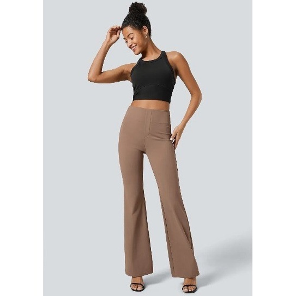 Halara Flex High Waisted Back Side Pocket Slight Flare Work Pants Beaver Fur EUC